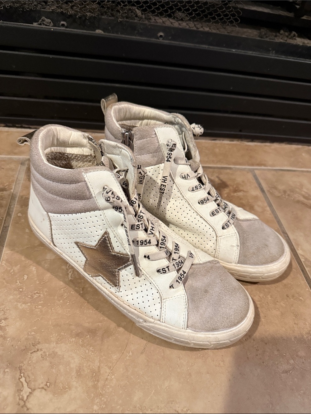 Vintage Havana White and Taupe Lace-Up High Top Sneakers